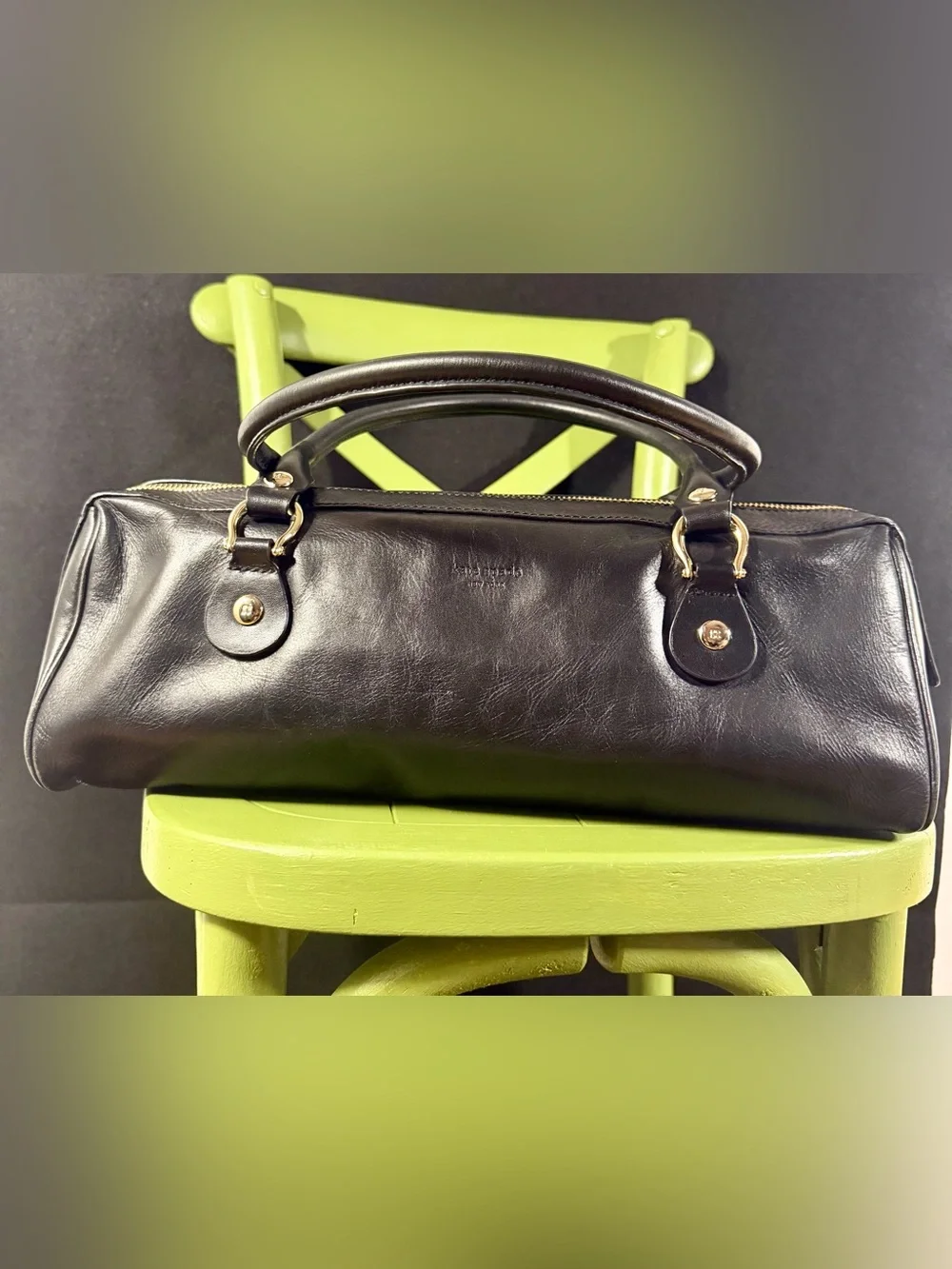 Kate Spade Black Leather East West Barrel Satchel Y2K